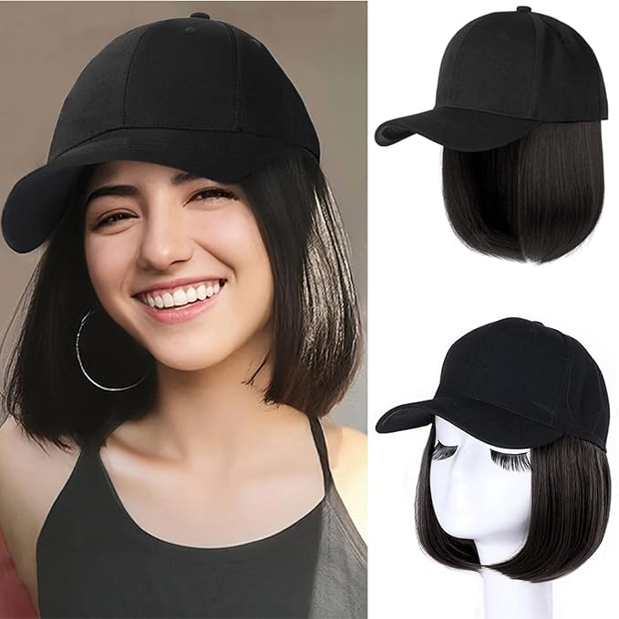 10 Black Baseball Cap with Hair Extensions Short Bob Hairstyle Adjustable Hat Wig Attached Synthetic Hairpiece for Women Daily Use Black Brown Hair