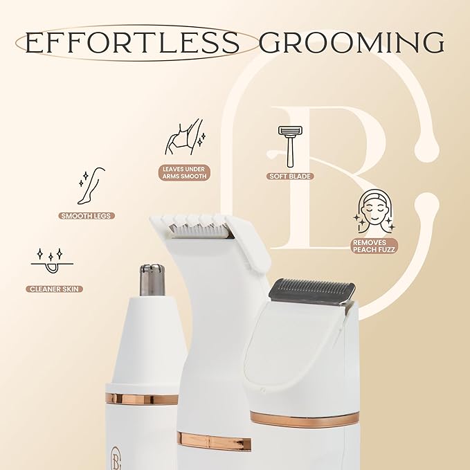 Bella Ciao 10-Piece Body-Hair and Bikini Trimmer Set for Women Electric Razor with Ear- and Nose-Hair Trimmer Detail Trimmer Heads Ceramic Blade Includes Comb Guides Charging Dock and USB Cable