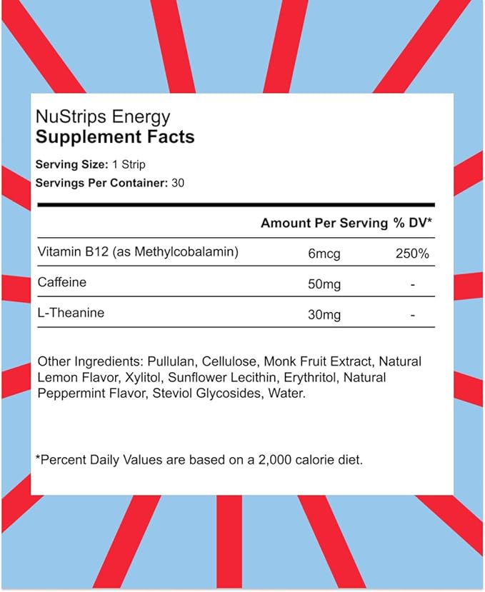 NuStrips??Fast-Dissolving Energy Strips with 50mg Caffeine L-Theanine &amp Vitamin B12 ? Instant Energy &amp Focus Without Jitters or Crash ? Works Faster Than Coffee ? Refreshing Lemon (30 Strips)