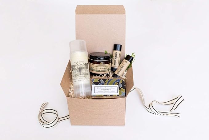 Woodsman Men’s Gift Box ? Self Care &amp Grooming Gift Set for Him ? Rustic Holiday Gift for Men Dads Boyfriends or Husbands ? Handmade Soap Deodorant Lip Balm &amp Muscle Balm