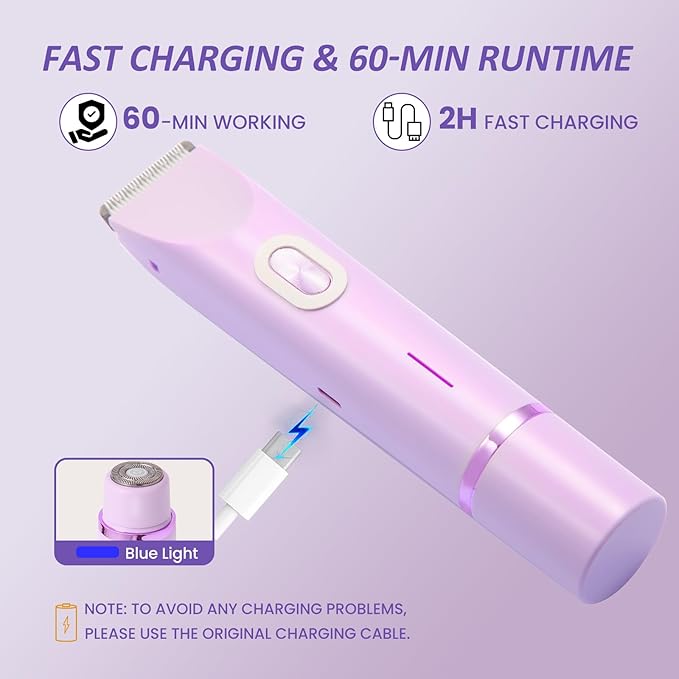 Bikini Trimmer for Women 2-in-1 Electric Razor for Women Cordless Electric Shaver Type-C Bikini Trimmer for Body Face Underarm Leg Arm Intimate Areas Wet &amp Dry Use Waterproof Purple