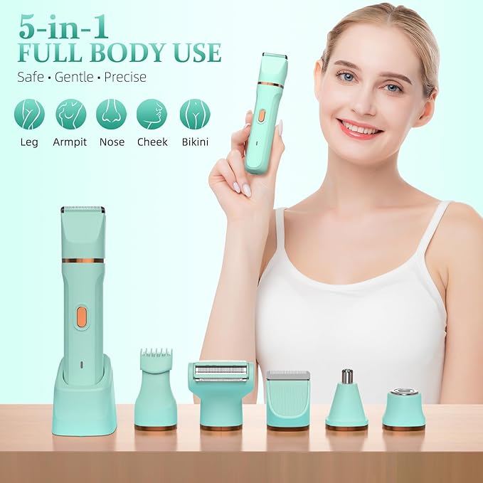 5-in-1 Bikini Trimmer for Women IPX7 Waterproof Electric Razors Shaver Cordless Body Hair Trimmer Facial &amp Pubic Hair Removal Ceramic Blade (Pure Green)