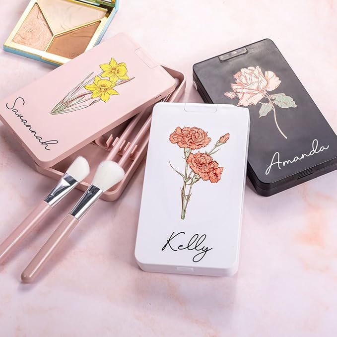 Custom Travel Makeup Brush Set Personalized Name Birth Flower Makeup Brush Case With Rotatable LED Light Mirror 5 Pcs Makeup Brushes Valentine Mother's Day Gifts For Women Black White Pink