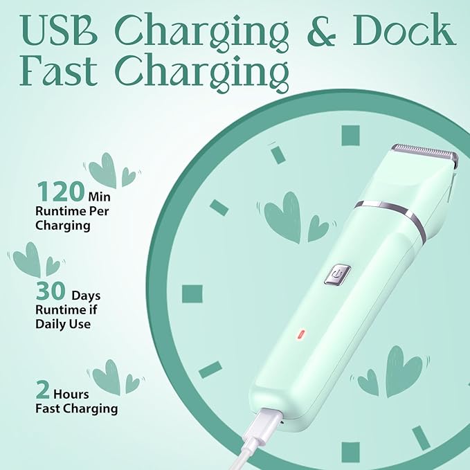 Pubic Hair Trimmer Women for Bikini Area &amp Body - Electric Razor Shaver with Ceramic Blade Detachable Head Waterproof IPX7 Battery Indicator Fast Charging Wet/Dry Groomer Set - Green