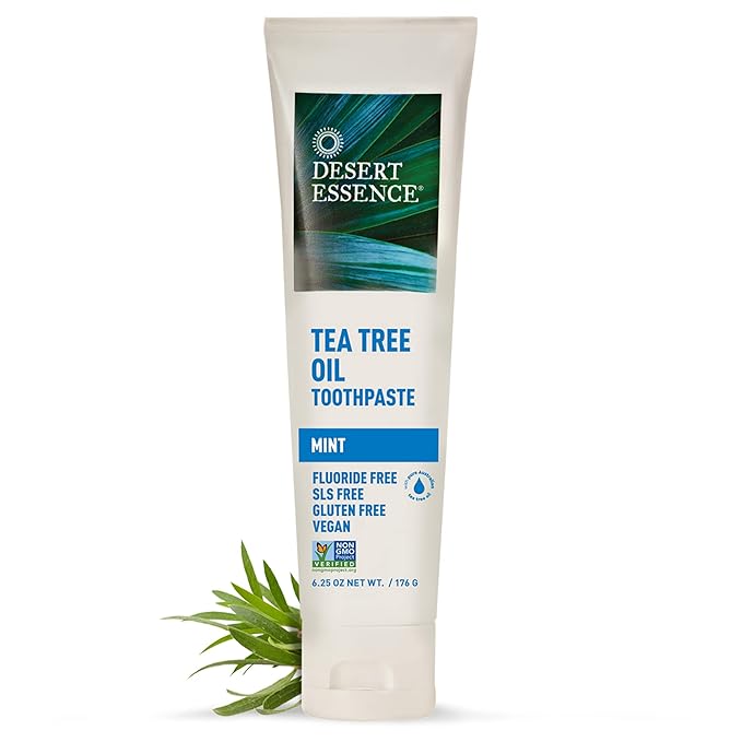 Desert Essence Tea Tree Oil Toothpaste - Mint - 18.75 Oz (6.25 Oz * Pack of 3) - Refreshing Taste - Deep Cleans Teeth &amp Gums - Helps Fight Plaque - Sea Salt - Pure Essential Oil - Baking Soda