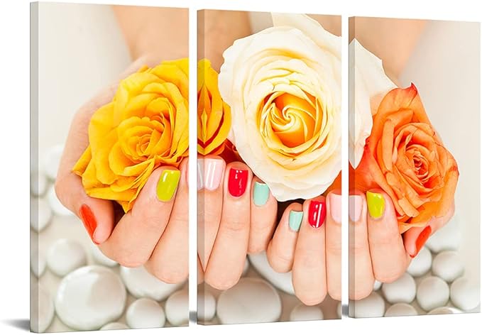 3 Piece Modern Canvas Prints Nail Painting Wall Art Beauty Salon Manicure Concept Wall Decor Hands Spa with Rose Flower Picture Modern Home Bathroom Bedroom Decoration Framed 16x32inchx3pcs