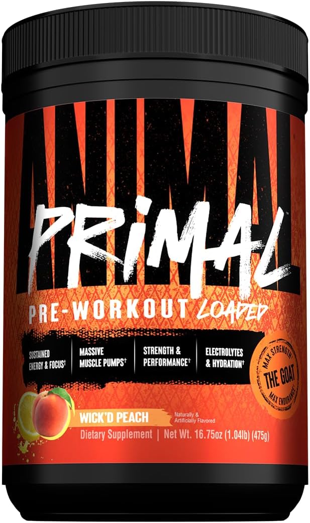 Animal Primal Muscle Hydration + Preworkout Powder ? Contains Beta Alanine 3DPump Caffeine &amp Electrolytes ? Improves Energy Focus Endurance &amp Absorption ? New Wick?™d Peach Flavor 16.75 oz
