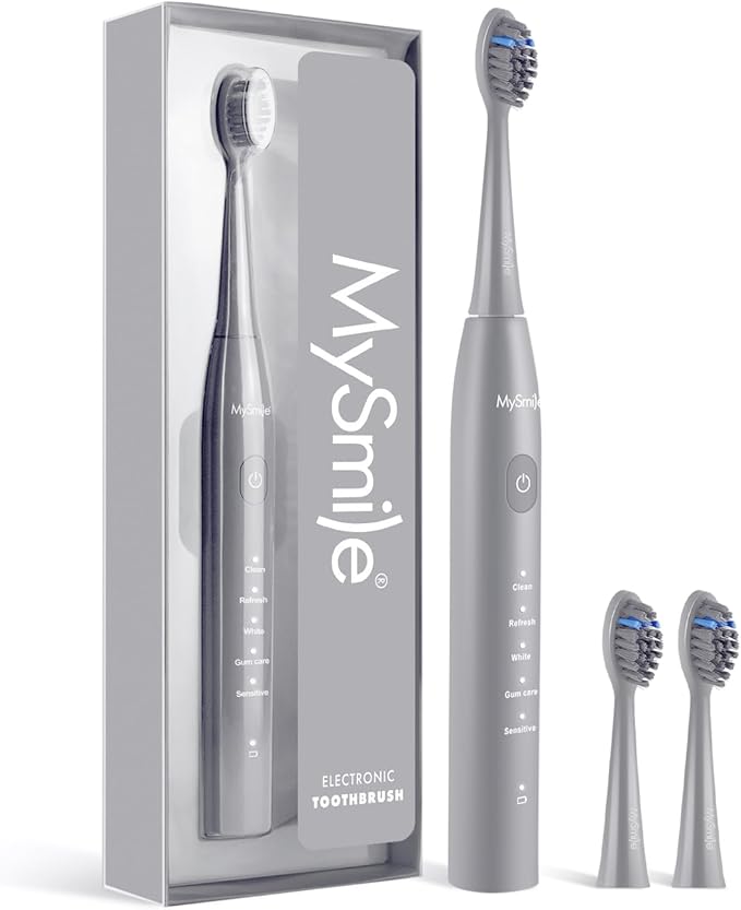 MySmile DY156 Electric Toothbrush for Adults Rechargeable Sonic Battery Toothbrush Portable with 3 Brush Heads 2 Mins 5 Modes Smart Timer 45000VPM One Charge for 60 Days ? Gray