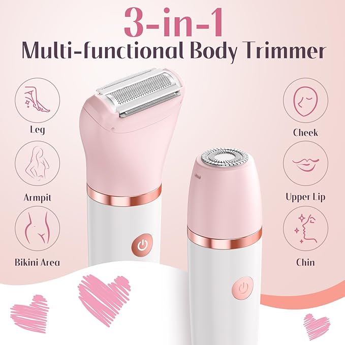 Bikini Trimmer for Women - 3 in 1Electric Razors for Silk Skin Cordless Pubic Hair Trimmer Replaceable Lady Shavers Kit Bikini Shaver for Legs Body Hair IPX7 Waterproof White