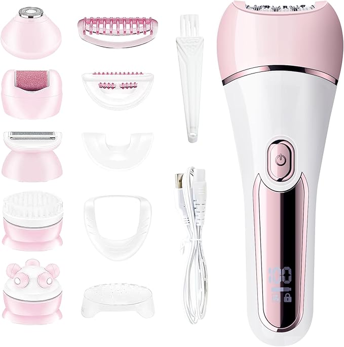 Epilator for Women 6 in 1 Hair Removal Epilator Shaver Face Razor Facial Brush Face Massage and Body ExfoliatorIPX7 Waterproof Rechargeable Hair Removal for Women (Pink)