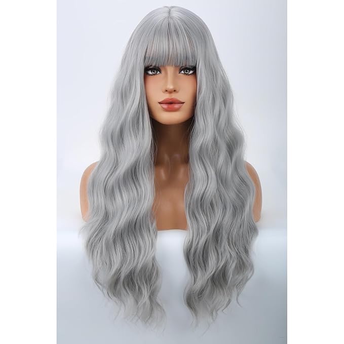 BERON Sliver Grey Long Curly Wae Wig with Bangs for Women Girls Gray Wavy Heat Resistant Synthetic Wigs Cosplay Costume Daily Party Wig