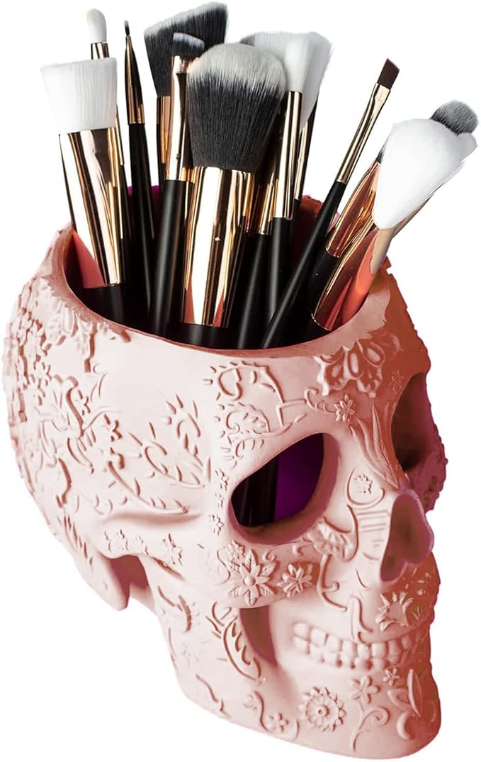Skull Makeup Brush Holder Pen Holder Vanity Desk Office Organizer Stationary Decor Planter Candy Bowl Goth Decorations Extra Large Skulls Gothic Skull &amp Bones Organizer Bathroom (Cloud P