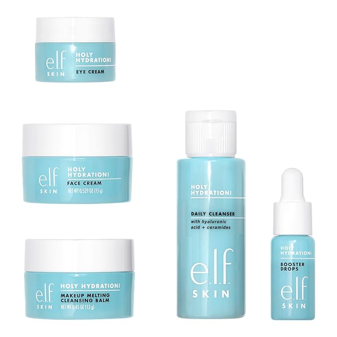 e.l.f. SKIN Holy Hydration! Hydrated Ever After Skincare Mini Kit Cleanser Makeup Remover Moisturizer &amp Eye Cream For Hydrating Skin Airplane-Friendly Sizes