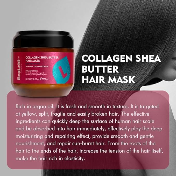 Ecolchi Collagen Hair Mask Deep Repair Conditioning Hair Treatment Argan Oil Keratin Hair Essence Mask for Dry Damaged &amp Frizzy Hair 500ml 16.9 fl oz