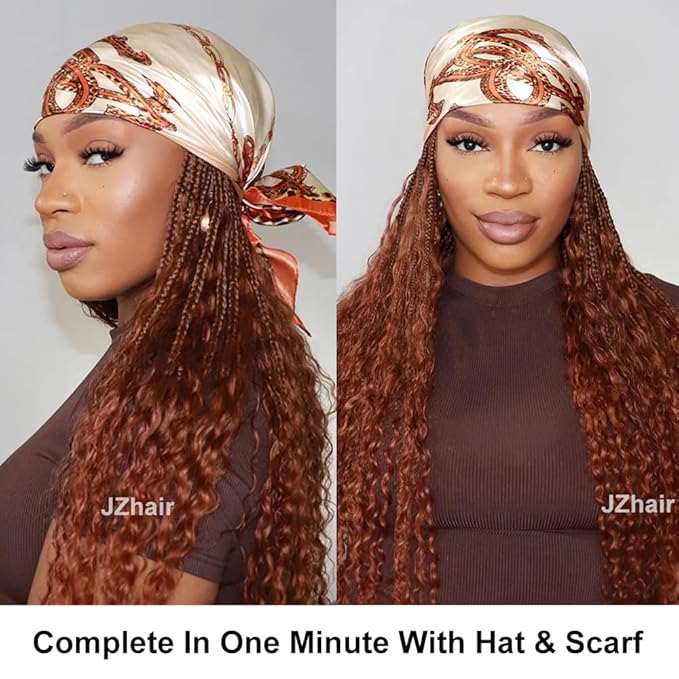 #30 Light Brown Braids Band Wig With Human Hair Curly Ends Boho Box Braids Head Band Wig Grab And Go Braided Hair Extensions For Women Color 30 20 Inch