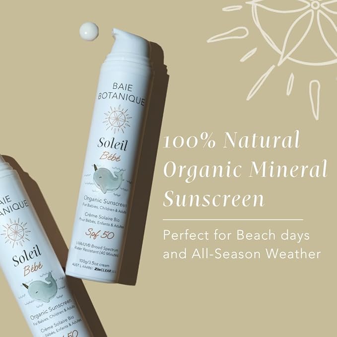 Baie Botanique Soleil B?b? - Organic Non-Toxic Mineral Baby Sunscreen SPF 50 - Sunflower &amp Jojoba - Unscented - Natural - Vegan - No White Cast - Reef Safe - UVA/UVB - 100g