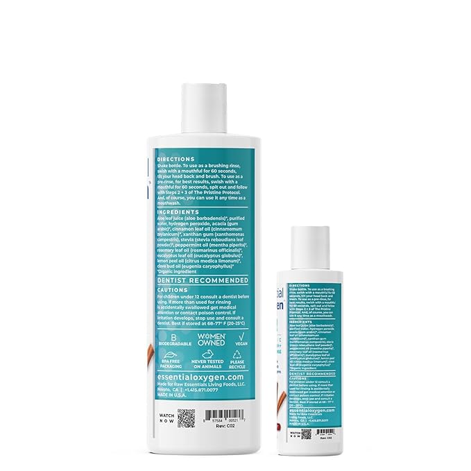 Essential Oxygen BR Certified Organic Brushing Rinse All Natural Mouthwash for Whiter Teeth Fresher Breath and Happier Gums Alcohol-Free Oral Care Cinnamint 2 Piece Set 16 Oz