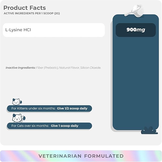 L-Lysine Supplement for Cats 900mg/scoop - Cat Supplement for Sneezing and Runny Nose Cold Immune Support Eye Function and Respiratory Health ? Lysine Powder