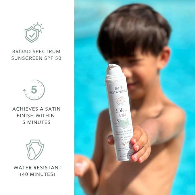 Baie Botanique Soleil B?b? - Organic Non-Toxic Mineral Baby Sunscreen SPF 50 - Sunflower &amp Jojoba - Unscented - Natural - Vegan - No White Cast - Reef Safe - UVA/UVB - 100g