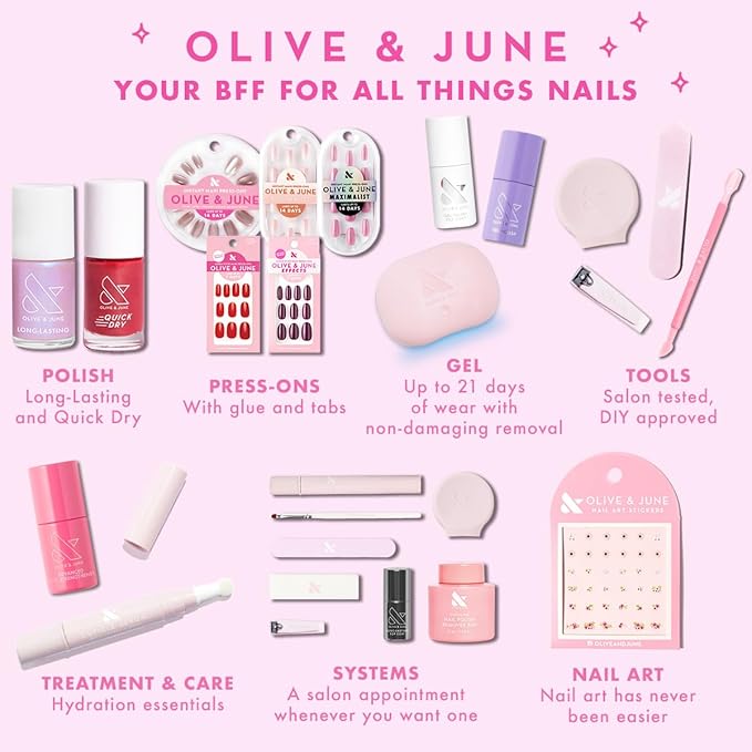 Olive &amp June Bolds Long Lasting Nail Polish Set | Includes 6 Shades (Bold &amp Unshaken Art Class Because I'm Green Lily Blooms CV Hot Strawberry) + Top Coat | Vegan Cruelty-Free | Salon-Qu
