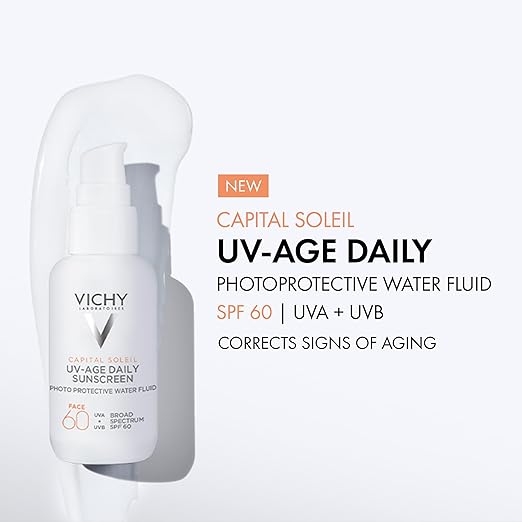 Vichy Capital Soleil UV-Age Daily SPF 60 Anti Aging Sunscreen for Face SPF 60 Hyaluronic Acid + Peptides + Vitamin C Broad Spectrum Invisible SPF Protection No White Cast Sunscreen