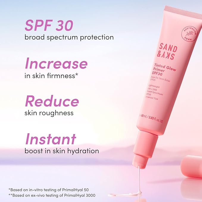 Sand &amp Sky Tinted Glow Primer SPF 30 Sunscreen - Australian Made Daily Hydrating Makeup Primer with Broad Spectrum Sun Protection &amp Sheer Rosy Tint | Improves Pigment Firms Skin Minimizes Ro