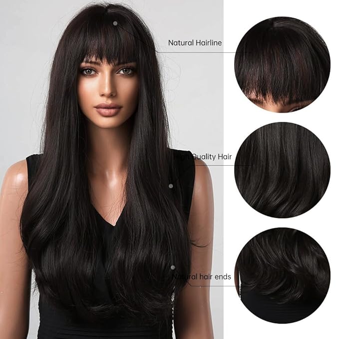 Honygebia Black Wig with Bangs - Natural Black Wigs for Women Long Straight Wavy Synthetic Hair Layered Realistic Heat Resistant Wig Best for Halloween/Christmas/Cosplay/Party