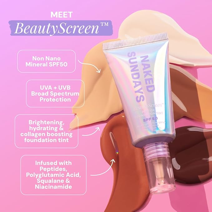 Naked Sundays BeautyScreen??SPF 50 Mineral Peptide Foundation Tint ? 2-in-1 Skin Tint &amp Mineral Sunscreen | Radiant Buildable Coverage Acne-Safe Infused with Peptides (9.3 Rich Deep 1.01 oz)
