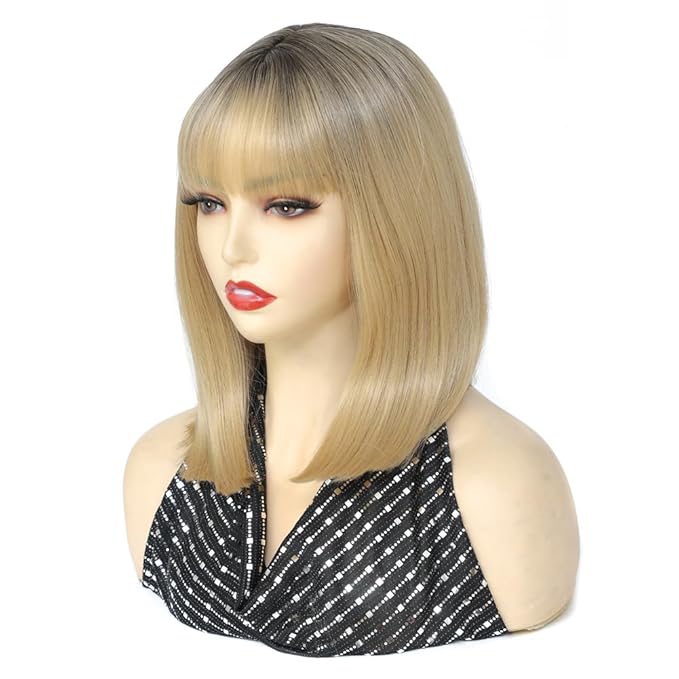 Short Straight Bob Wig With Bangs 14 Inch Ombre Blonde Synthetic Hair Wigs For Women Heat Resistant Natural Looking Hair Wig For Party Daliy Use(Blonde 14 inch)