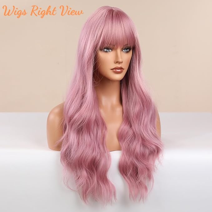 Honygebia Light Pink Wig Bangs - Baby Pink Wigs for Women Long Wavy Coral Pink Heat Resistant Hair Natural Looking Bright Synthetic - Best Wigs for Halloween/Christmas/Cosplay/Party