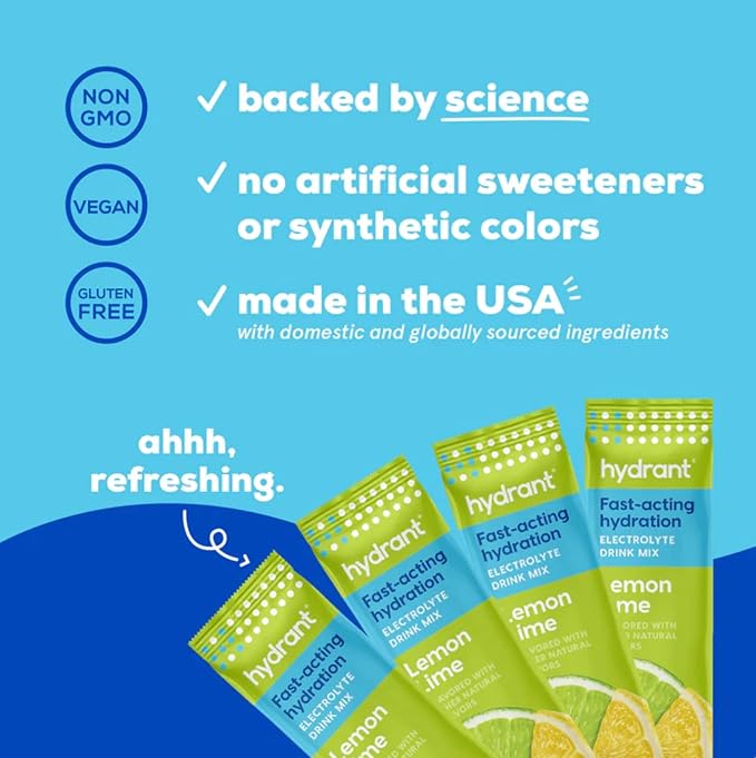 Hydrant Hydrate Individual Hydration Electrolyte Powder Stick Packets with No Artificial Sweeteners Colors or Fillers (Lemon Lime 30 Pack)