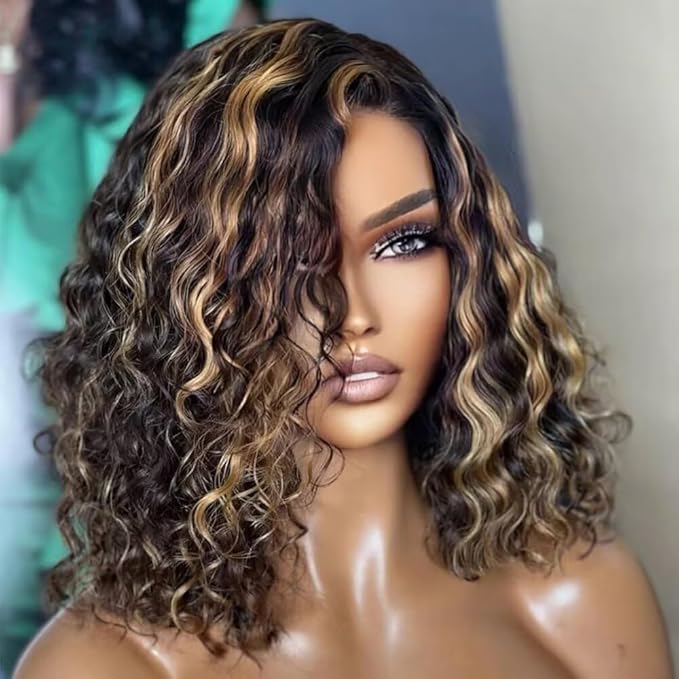 Honey Blonde Curly Short Bob Human Hair Wig Highlight 1b/27 Color Short Bob Brazilian Hair 13x6 HD Transparent Lace Front Wig Deep Wave Remy Hair Glueless Wigs with Baby Hair 150% Density 16inch