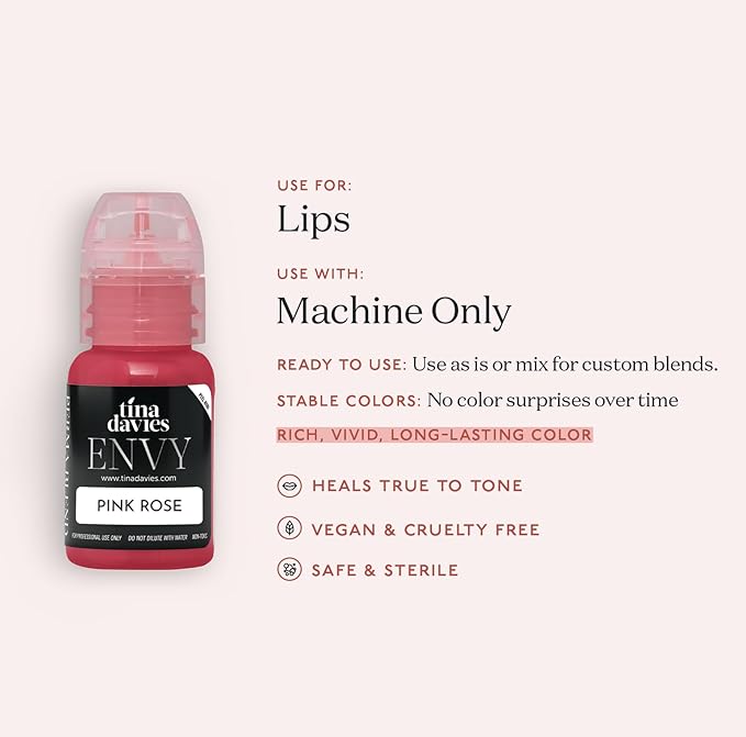 Tina Davies Professional Envy &amp Lust Lip Pigments - Permanent Lip Makeup - Colors Heal True to Tone - High Retention - Envy Pink Rose 1/2oz/15ml Bottle