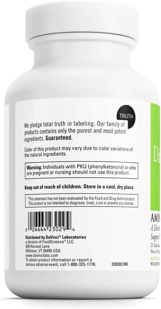 DAVINCI Labs Amino 21 - Supports Brain Function &amp Muscle Metabolism* - Amino Acid Dietary Supplement with L-Glutamine L-Lysine HCl Tyrosine L-Arginine and More - Gluten-Free - 90 Capsules 750