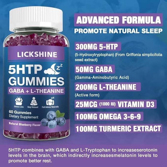 2 Pack 300MG 5-HTP GABA Sleep Supplement Gummies with 200mg L-Theanine Supplement for Brain Mood Stabilizer and Sleep Support Melatonin-Free Omega 3-6-9 for Natural Zzzs Blueberry Flavor