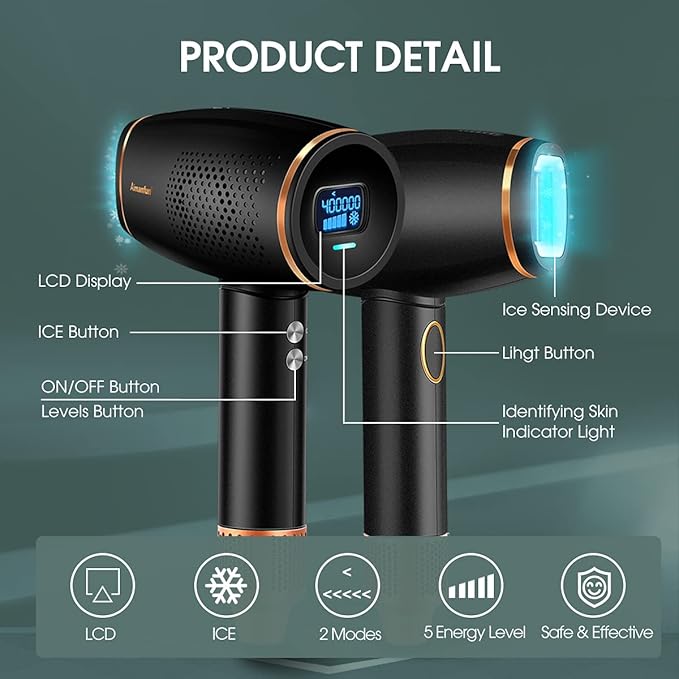 Hair Removal Device with Ice Cooling System Permanent Painless Light Hair Remover with Aoto Flash Modes and 2 Lamp Heads at-Home For Men and Women