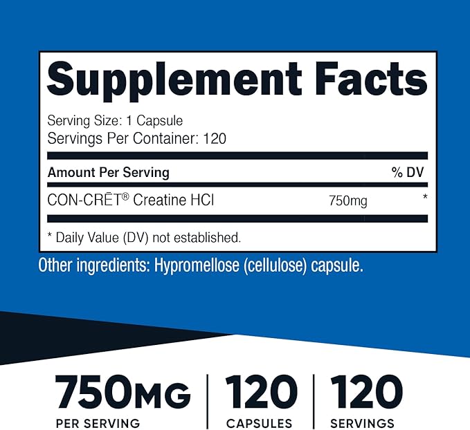 Nutricost Creatine HCl 120 Capsules - Made with CON-CRET Creatine 750 MG Per Capsule