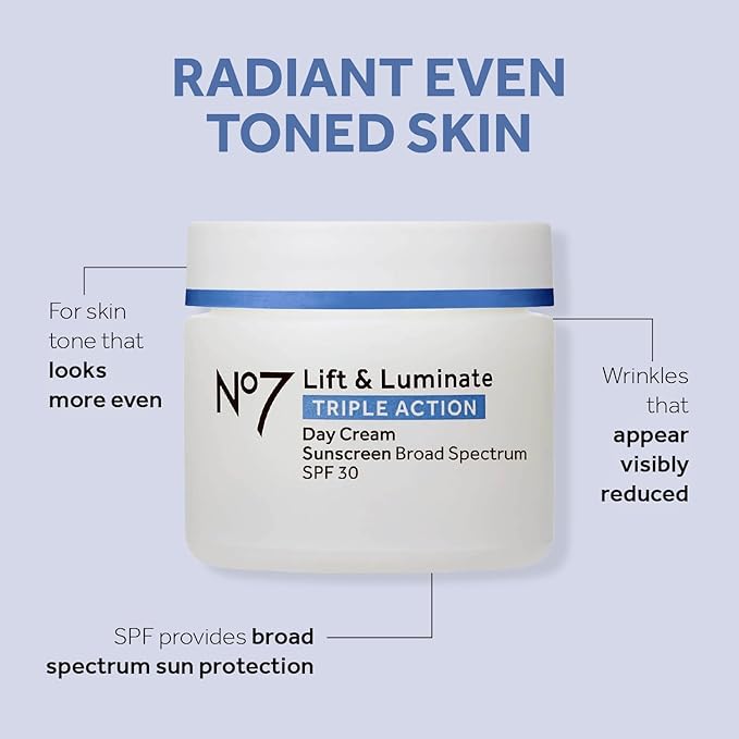 No7 Lift &amp Luminate Triple Action Skincare Set - Broad Spectrum Anti Aging Day Cream SPF 30 + Vitamin C Wrinkle Serum + Collagen Peptide Brightening Night Cream (3 Piece Kit)