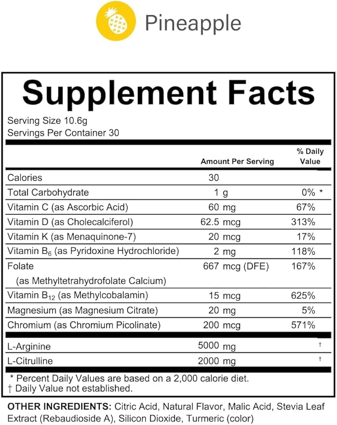 L-Arginine Complete Pineapple - 5000mg L Arginine Nitric Oxide Booster Natural Supplement Increases Energy and Endurance