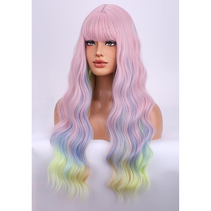 BERON Rainbow Long Wigs Curly Wavy Women Pastel Wigs with Bangs Colorful Heat Resistant Synthetic for Cosplay or Daily Wigs Wig Cap Included