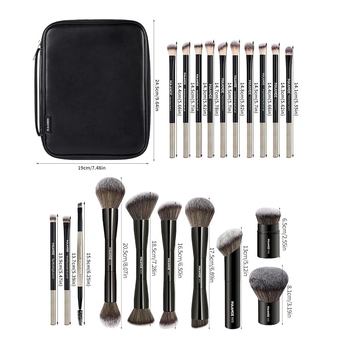 MAANGE 20 PCS Makeup Brush Set with Bag Double-ended Kabuki Brush Foundation Contour Brush for Liquid Powder Concealer Eye Shadows Cream Cosmetics Blending Blush Face Makeup Tools with Case (Black)