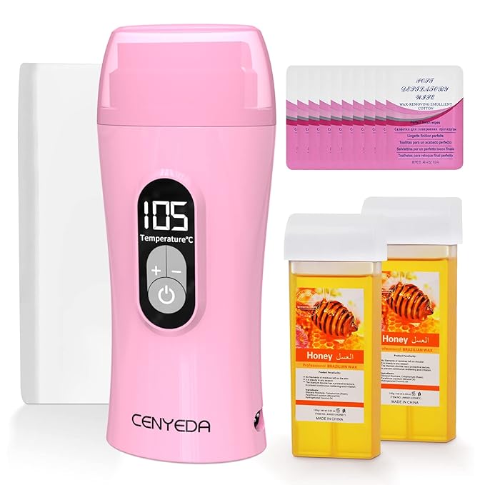 Digital Roll On Wax KitHoney Thermostatic Roller Waxing Kit for Sensitive Skin Depilatory Soft Wax Warmer with 2 Cartridge Refill 10 Wax-removing wipes and 100pcs Wax Strips