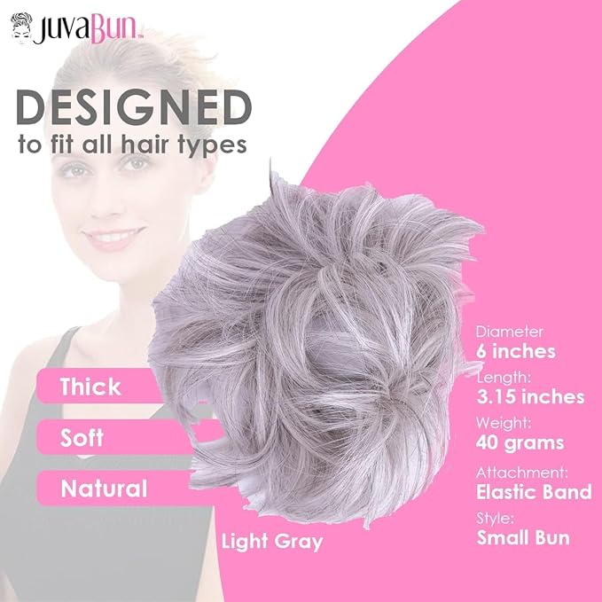 JUVABUN Small Messy Bun Hair Piece - Light Gray | Curly Real Human Hair for Everyday Wear | Washable &amp Realistic Synthetic Pieces for Women's Updos | Scrunchie