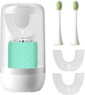 Adult Sonic Automatic Electric Toothbrush 360° Oral Cleaning Stain Whitening IPX7 Waterproof Rechargeable u-Shape Brush Head*3+Straight Handle Brush Head*2 (Green-Cup)