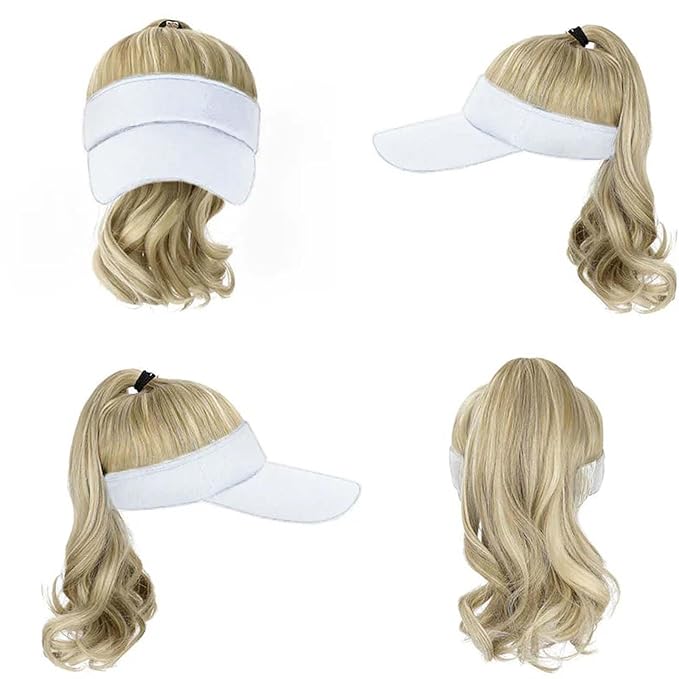 Visor Hat Wig for Women Baseball Cap Wig with Curly Synthetic Hair Extensions Ponytail Cap Wig Sun Hat with Hair Wig