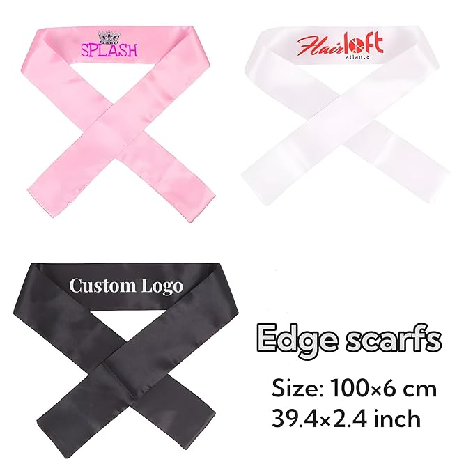50 pcs/lot Custom Wig Storage Bags with Logo Paper Bags Custom Satin Bonnets Customized Edge Melt Elastic Bands Headband Edge Laying Scarf (Pink)