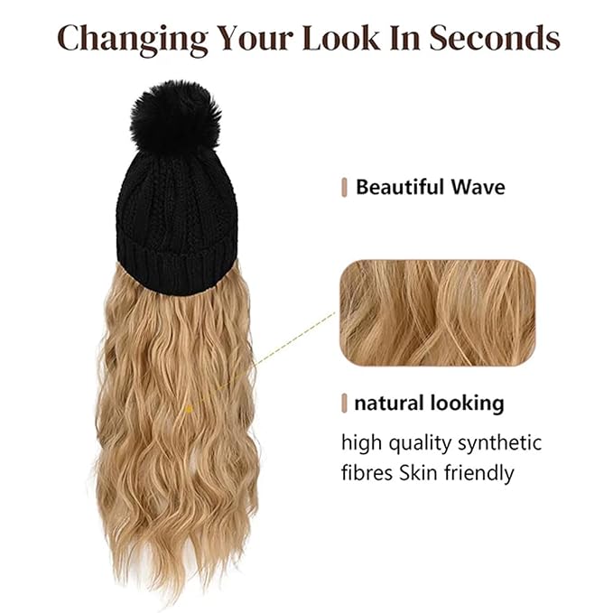Women Winter Beanie Hat with Wig Big Wavy Curly Hair Extensions Knit ski Snow Cap Attached Party Daily Weddings Wig