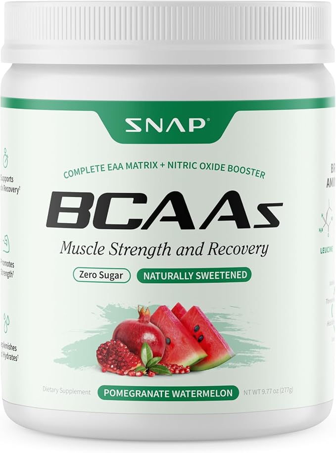 Snap BCAA Powder Essential Amino Energy Supplement with Nitric Oxide Booster - Watermelon Flavor - Pre Workout Powder Recovery Supplements Post Workout Muscle Strength &amp Performance (30 Servings