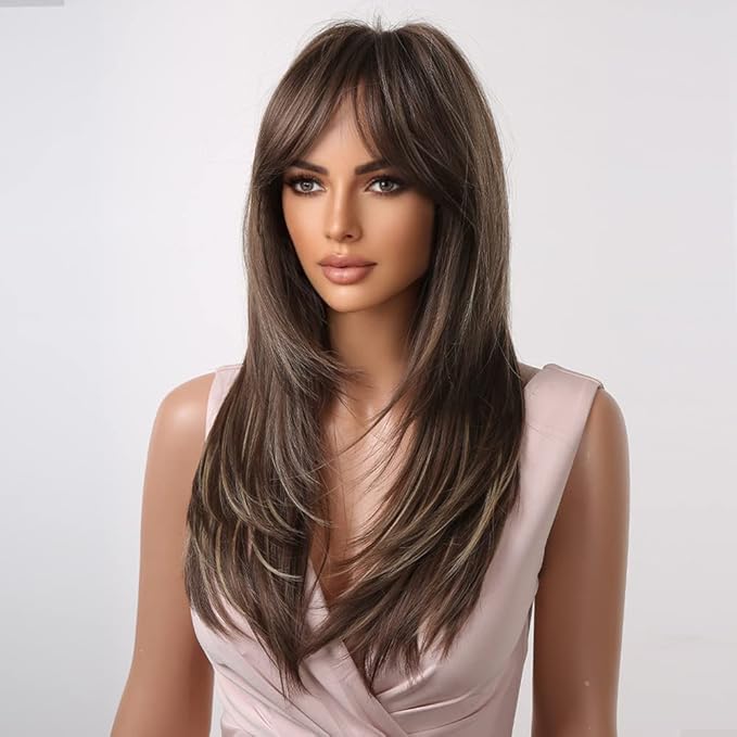 Heat Resistant Synthetic Wigs Long Layered Black Blonde Highlights with Bangs for Women Party Cosplay (Light Brown24)