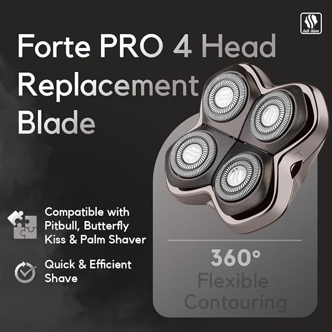 Skull Shaver Forte PRO 4 Head Replacement Blade - Shaver Blade for Wet &amp Dry Shaving - Rotary Heads Design - Japanese Stainless Steel - Compatible with Pitbull Palm &amp Butterfly Kiss Shavers